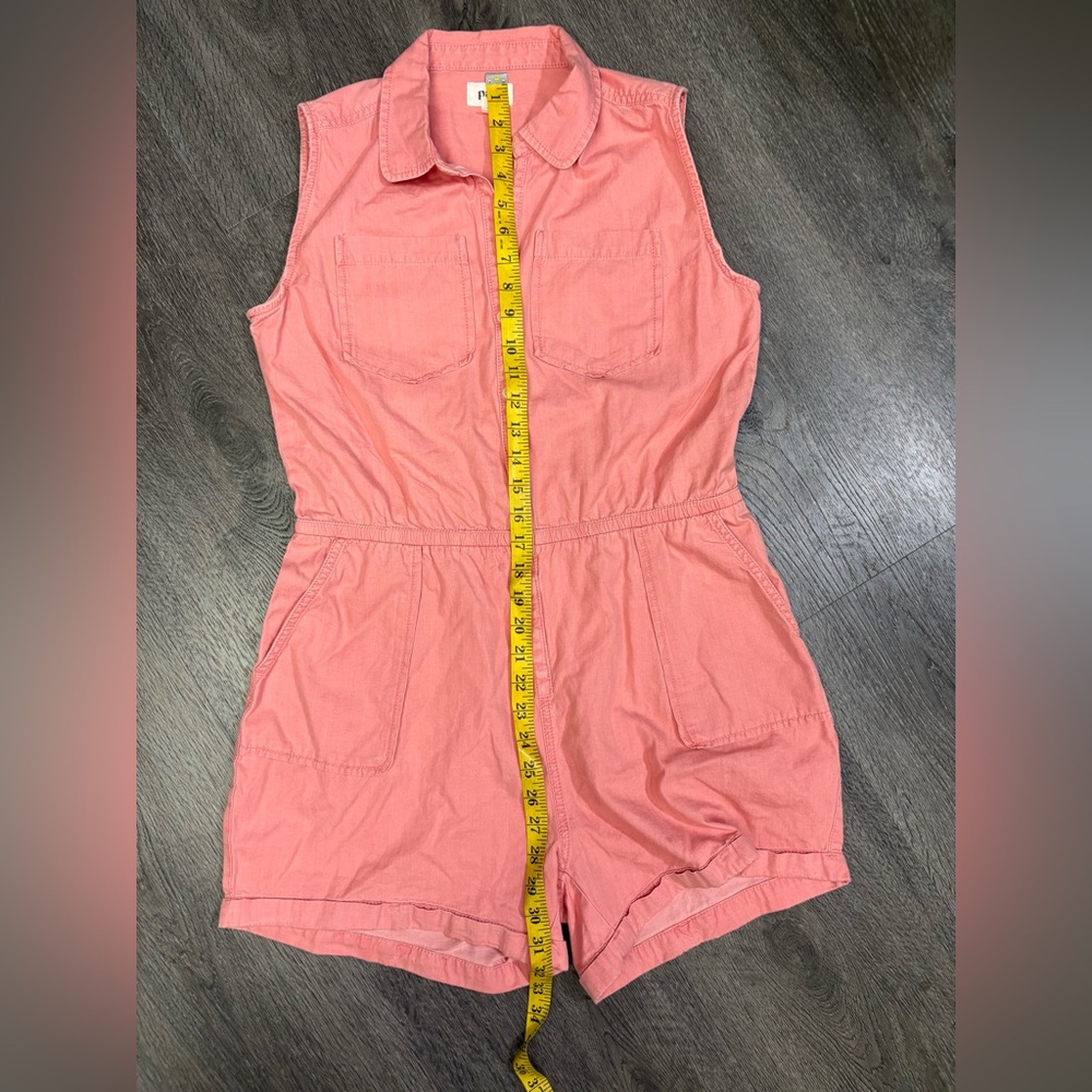PACT Chambray Romper Size Small Pink Organic Cotton Elastic Waist Pockets Collar - Picture 13 of 14